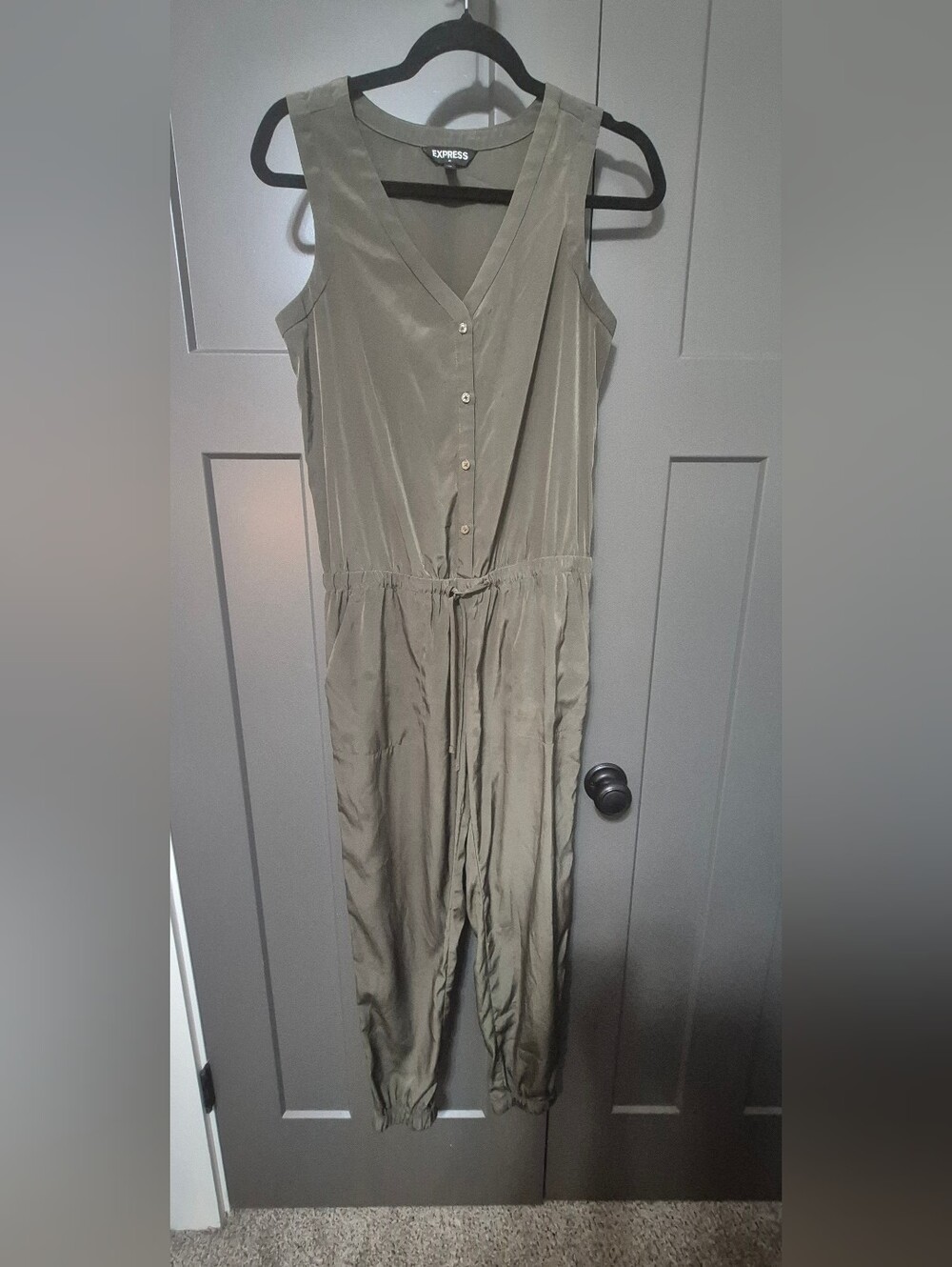 Express XS Petite Olive Sleeveless Utility Jumpsuit – Button Front - Picture 2 of 6